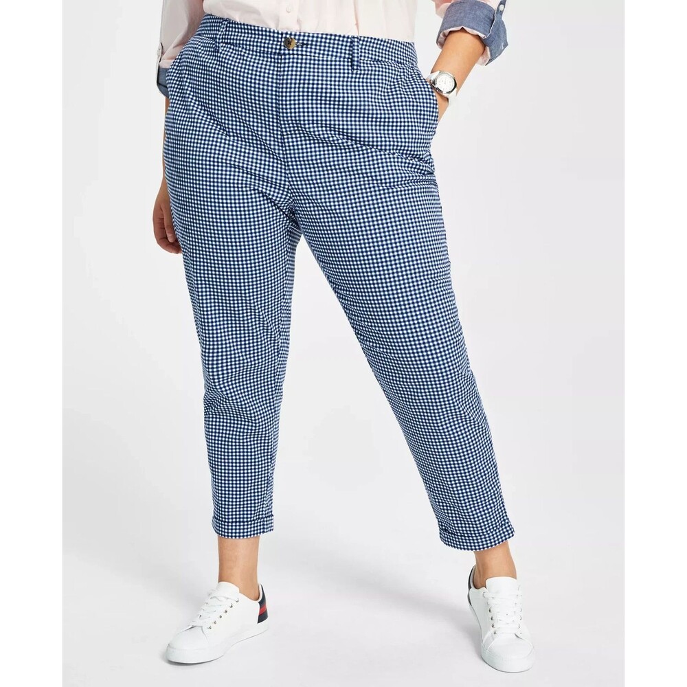 Tommy Hilfiger Women's Plus Size Hampton Gingham Chino Pants Blue White 18W